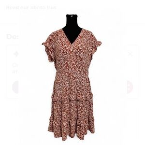 MONTEAU Brown & White Floral Midi Dress L, Short Sleeves V Neck Tiered Skirt